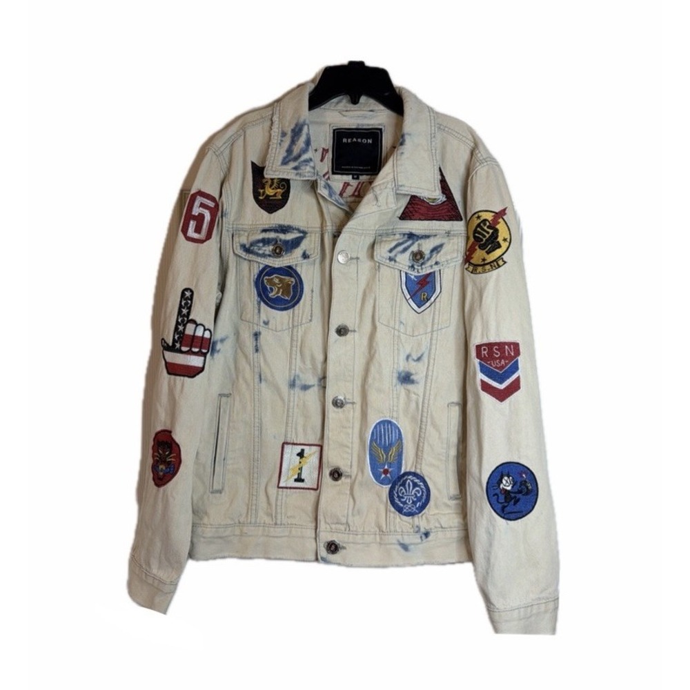 Reason Mulberry Moto Streetwear Mens Medium Distressed Denim Patches Jacket